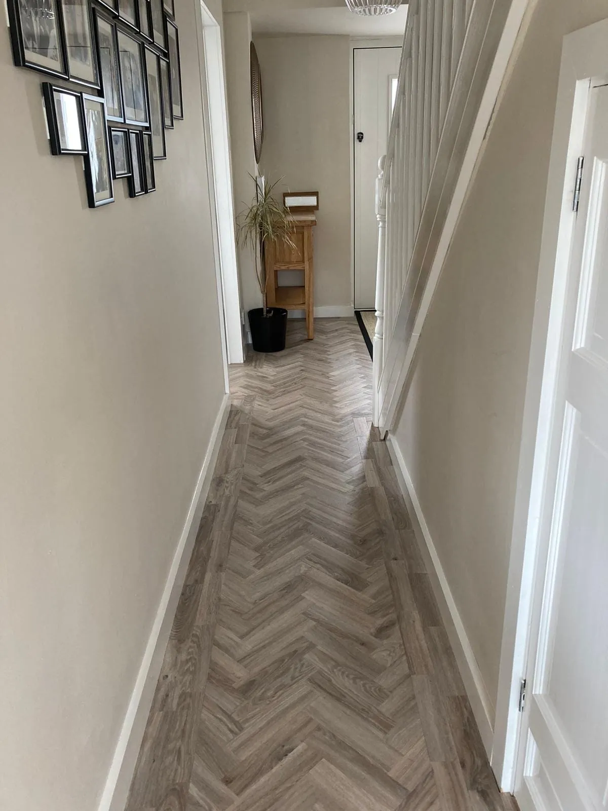 Narrow hallway with chevron-patterned wooden floor, lined with framed photos on the left wall, leading to a door. A potted plant sits on a small stand.